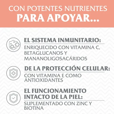 Con potentes nutrientes para apoyar el sistema inmunitario, la protección celular y el funcionamiento intacto de la piel. Enriquecido con vitamina C, E, betaglucanos, zinc y biotina.