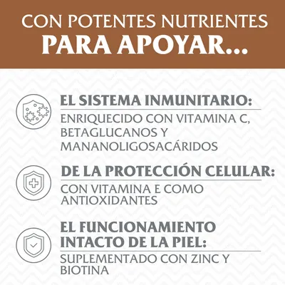 Con potentes nutrientes para apoyar el sistema inmunitario, protección celular y funcionamiento intacto de la piel. Enriquecido con vitamina C, E, betaglucanos, mananoligosacáridos, zinc y biotina.