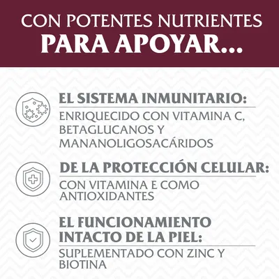 Con potentes nutrientes para apoyar: el sistema inmunitario (vitamina C, betaglucanos, mananoligosacáridos), la protección celular (vitamina E, antioxidantes) y la piel (zinc, biotina).