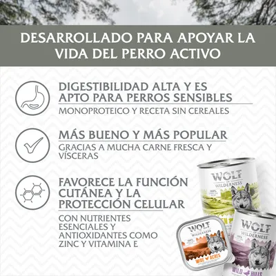 Desarrollado para apoyar la vida del perro activo. Digestibilidad alta, apto para perros sensibles, más carne fresca y vísceras, favorece función cutánea. Wolf of Wilderness visible en envases.
