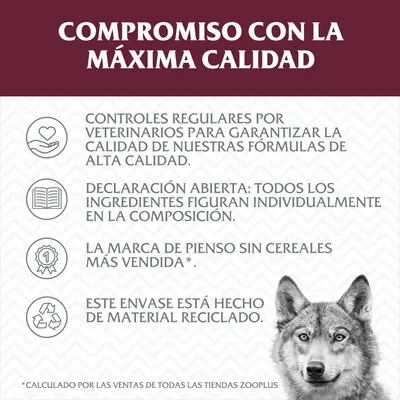 Compromiso con la máxima calidad: controles veterinarios, ingredientes declarados, marca de pienso sin cereales más vendida, envase de material reciclado. Calculado por ventas Zooplus.