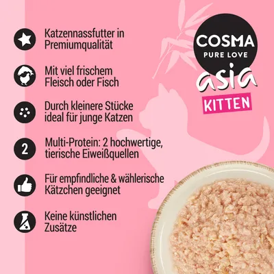 COSMA PURE LOVE asia KITTEN. Besedilo v nemščini: Katzen­nassfutter in Premiumqualität, mit viel frischem Fleisch oder Fisch, keine künstlichen Zusätze, ideal für junge Katzen, Multi-Protein.