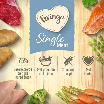 Feringa Single Meat. 75% geselecteerde dierlijke ingrediënten, met groenten en kruiden, graanvrij recept, met taurine. Afbeeldingen van vlees, vis, aardappel, broccoli, wortel, erwten.