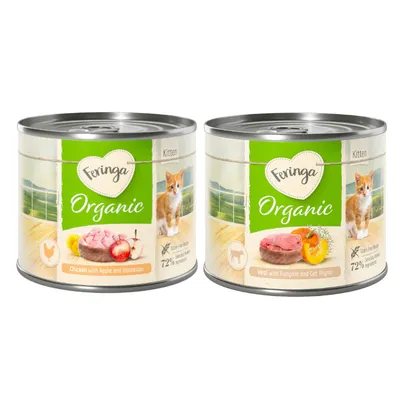 Feringa Organic Kitten mokra karma, warianty: kurczak z jabłkiem i mniszkiem, cielęcina z dynią i kocimiętką. Bez zbóż, 72% mięsa, wybrane naturalne składniki.
