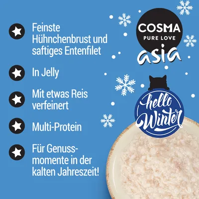 COSMA PURE LOVE asia. Feinste Hühnerbrust und saftiges Entenfilet, In Jelly, Mit etwas Reis verfeinert, Multi-Protein, Für Genussmomente in der kalten Jahreszeit! hello Winter (vse v nemščini).