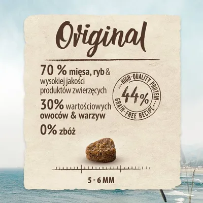 Original. 70 % mięsa, ryb i produktów zwierzęcych, 30 % owoców i warzyw, 0 % zbóż, 44 % białka, wielkość granulki 5–6 mm.