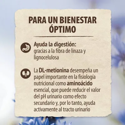 Para un bienestar óptimo. Ayuda la digestión: gracias a la fibra de linaza y lignocelulosa. La DL-metionina ayuda al tracto urinario como aminoácido esencial, reduce el pH urinario.