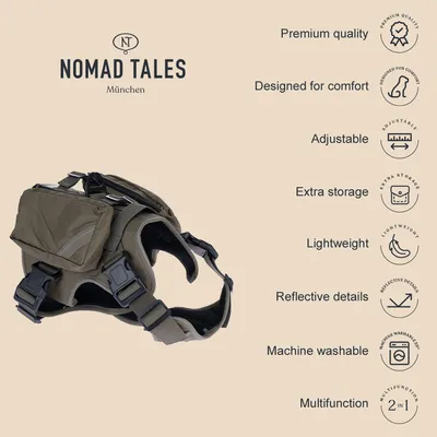 Nomad Tales München Hundegeschirr mit Eigenschaften: Premiumqualität, Komfortdesign, verstellbar, zusätzlicher Stauraum, leicht, reflektierende Details, maschinenwaschbar, multifunktional.
