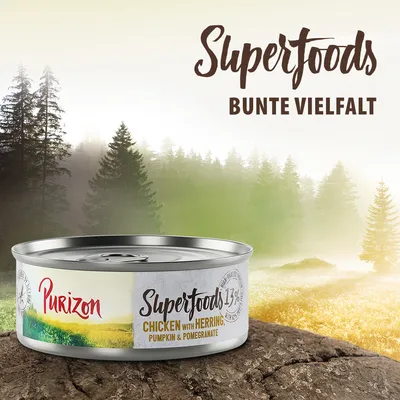 Purizon Superfoods Nassfutter, Huhn mit Hering, Kürbis & Granatapfel, 13% Protein. Bunte Vielfalt.