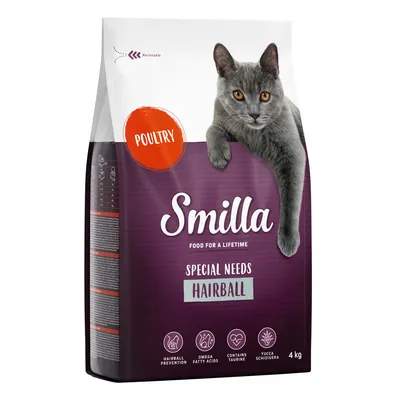 Smilla Special Needs Hairball cat food with poultry, 4 kg. Contains omega fatty acids, taurine and Yucca Schidigera. Resealable packaging.
