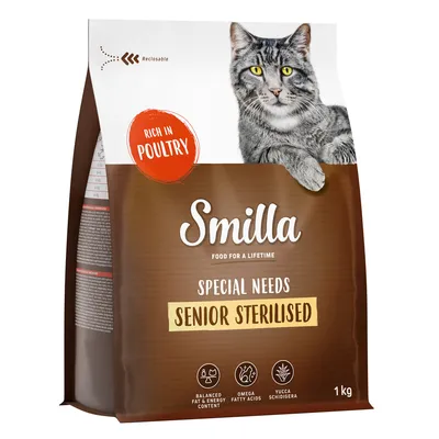 Smilla Special Needs Senior Sterilised cat food, rich in poultry, 1 kg. With balanced fat and energy content, omega fatty acids and Yucca Schidigera. Resealable packaging.