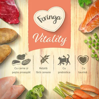 Feringa Vitality. Cu carne și pește proaspăt, rețetă fără cereale, cu prebiotice, cu taurină. Ingrediente vizibile: carne de vită, somon, pui, cartofi, morcovi, broccoli, mazăre.