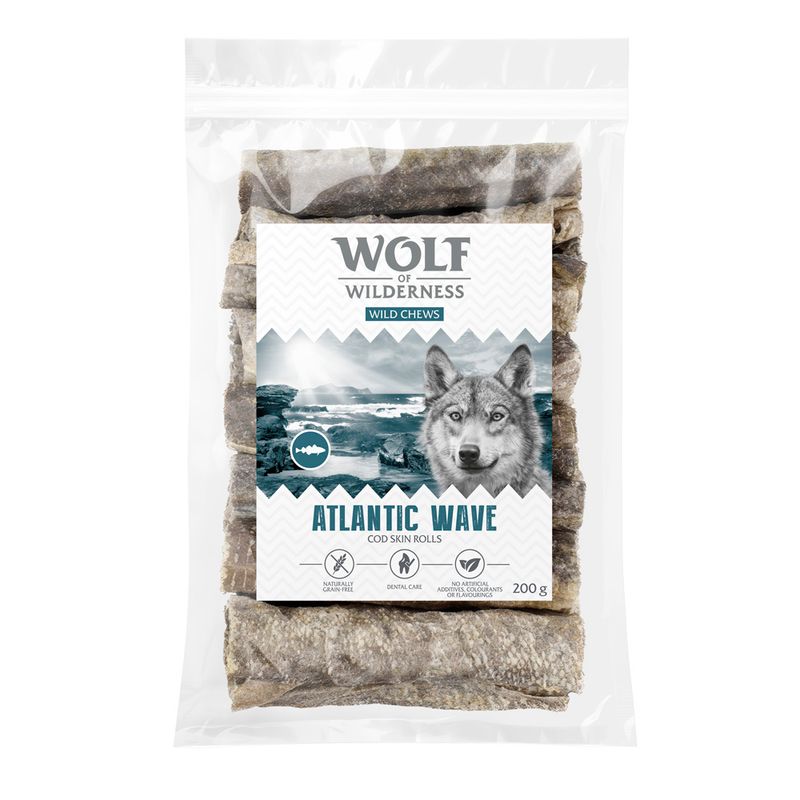 Wolf of Wilderness Wild Chews Atlantic Wave Cod Skin Rolls, natürlich getrocknet, Zahnpflege, ohne künstliche Zusätze, 200g.