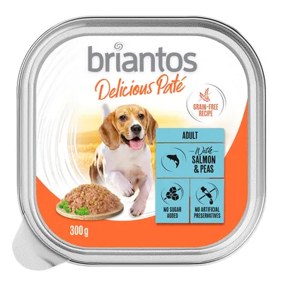 Barquette Briantos Delicious Paté 300 g, recette sans céréales pour chien adulte, avec saumon et pois, sans sucre ajouté, sans conservateurs artificiels. Texte en anglais.
