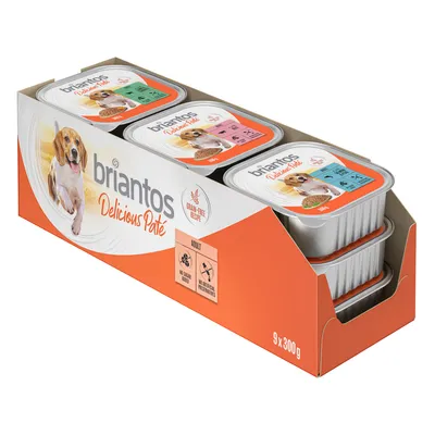 Briantos Delicious Paté pour chien adulte, lot de 9 barquettes de 300 g. Texte visible : grain-free recipe, no added sugar, no artificial preservatives.