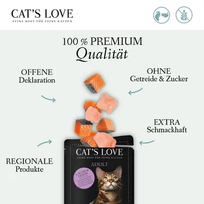 Texte en allemand : 100 % PREMIUM Qualität, OFFENE Deklaration, OHNE Getreide & Zucker, EXTRA Schmackhaft, REGIONALE Produkte. Cat’s Love Adult Lachs & Huhn.