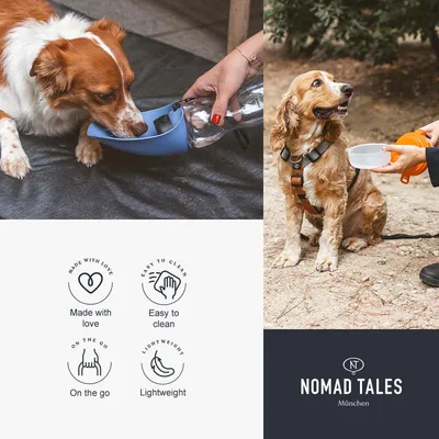 Prenosné misky na vodu pre psov, ukážka použitia pri napájaní psov vonku. Text: Made with love, Easy to clean, On the go, Lightweight. Značka: Nomad Tales München.