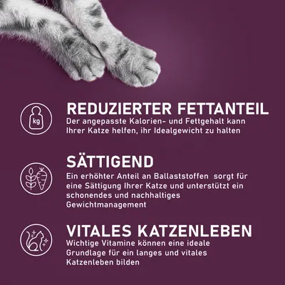 Reduzierter Fettanteil: Angepasster Kalorien- und Fettgehalt hilft Ihrer Katze, ihr Idealgewicht zu halten. Sättigend: Ballaststoffe unterstützen nachhaltiges Gewichtmanagement. Vitales Katzenleben: Vitamine fördern ein langes Katzenleben.