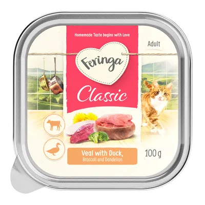 Feringa Classic Adult, Veal with Duck, Broccoli and Dandelion, 100 g. Verpackung zeigt Zutaten und eine Katze. Feringa Classic Adult, Veal with Duck, Broccoli and Dandelion, 100 g. Verpackung zeigt Zutaten und eine Katze.