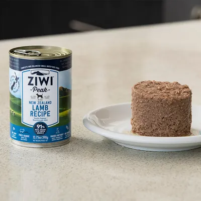 Ziwi Peak New Zealand Lamb Recipe natvoer voor honden, blik 390g. Graanvrij, 91% vleesgehalte, met groenlipmossel. Afgebeeld: geserveerde portie op bord.
