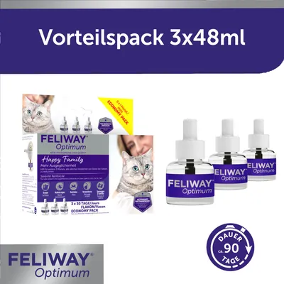 Feliway Optimum Vorteilspack 3x48ml. Happy Family, mehr Ausgeglichenheit für Katzen. Dauer ca. 90 Tage. Von Tierärzten empfohlen.