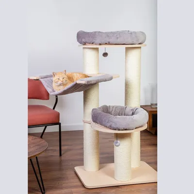 Tiragraffi per gatti con tre piani, due letti imbottiti grigi, amaca centrale e colonne in sisal. Un gatto arancione è sdraiato sull'amaca. Base in legno chiaro.