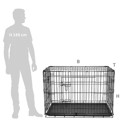 Comparaison de taille : cage en métal noir avec bac, dimensions indiquées B (largeur), T (profondeur), H (hauteur), à côté d’une silhouette humaine de 180 cm pour référence.