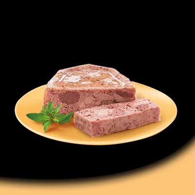 Fleischpastete auf gelbem Teller, mit Basilikumblättern dekoriert. Produktdarstellung für Tiernahrung.