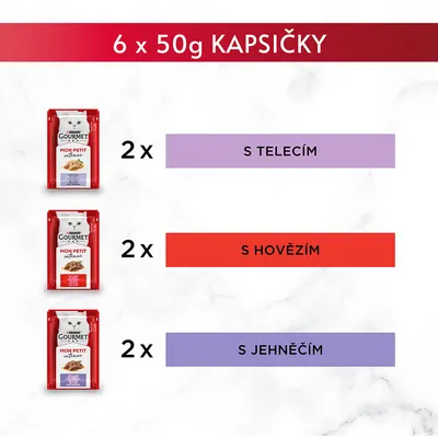 Gourmet Mon Petit Intense kapsičky 6×50g: 2× s telecím, 2× s hovězím, 2× s jehněčím. Balení zobrazeno vedle popisu příchutí.