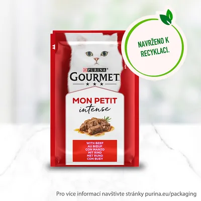 Purina Gourmet Mon Petit Intense s hovězím, nápis: Navrženo k recyklaci. Text na obalu: with beef, au bœuf, con manzo, mit rind, met rund, con buey.