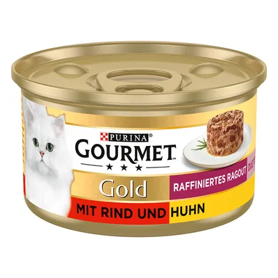 Purina Gourmet Gold Katzenfutter, raffiniertes Ragout mit Rind und Huhn, Dose mit goldener Verpackung und Abbildung des Futters auf einem Teller.