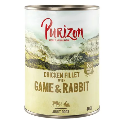 Purizon natvoer voor volwassen honden, variant: kipfilet met wild en konijn, 45% kipfilet, 400g blik.