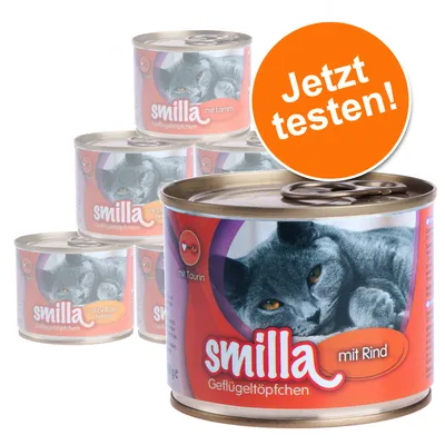 Verschiedene Dosen Smilla Geflügeltöpfchen mit den Sorten Rind, Lamm und Geflügelherzen. Aufdruck: mit Taurin. Orangefarbener Kreis mit Text: Jetzt testen!