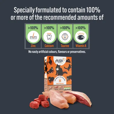Product contains over 100% of recommended zinc, calcium, taurine and vitamin A. No artificial colours, flavours or preservatives. Image shows product box with meat pieces in front.