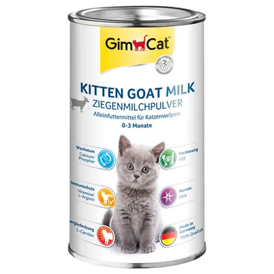 GimCat Kitten Goat Milk mleko kozie w proszku, pełnoporcjowa karma dla kociąt 0-3 miesiące. Zawiera wapń/fosfor, FOS, witaminy/L-argininę, DHA, L-karnitynę. Made in Germany, 100% jakość.
