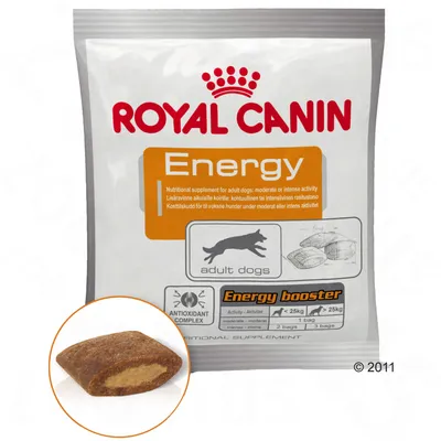 Royal Canin Energy, prehransko dopolnilo za odrasle pse z zmerno ali intenzivno aktivnostjo. Antioksidativni kompleks, Energy Booster, doziranje: <25 kg 2 vrečki, >25 kg 1 vrečka.