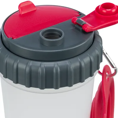Drinking bottle with grey screw cap, red flip lid and integrated spout. Red spoon attached to the side and metal clip for fastening.