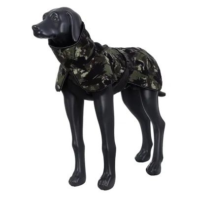 Black dog mannequin wearing a camouflage dog coat with high collar and adjustable belly strap.