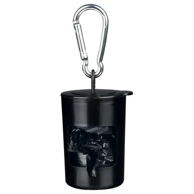 Černý zásobník sáčků s karabinou, naplněný černými sáčky na odpadky. Praktický na cesty.