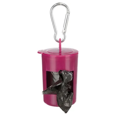 Růžový zásobník na sáčky na psí exkrementy s karabinou a černým sáčkem, vhodný k připevnění na vodítka nebo tašky.