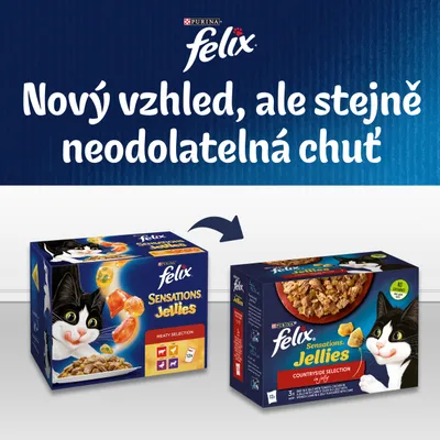 Porovnání starého a nového obalu Purina Felix Sensations Jellies. Text: Nový vzhled, ale stejně neodolatelná chuť.