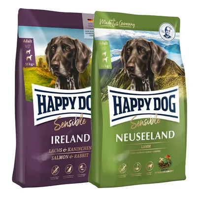Happy Dog Sensible Trockenfutter für Hunde. Sorten: Ireland mit Lachs & Kaninchen, Neuseeland mit Lamm. Ohne Zusatz von Konservierungsstoffen. Made in Germany. Für Erwachsene Hunde ab 11kg.