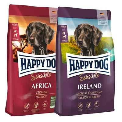 Happy Dog Sensible Trockenfutter für Hunde. Sorten: Africa mit Strauß und Ireland mit Lachs & Kaninchen. Ohne Zusatz von Konservierungsstoffen, Made in Germany, für Erwachsene Hunde ab 11kg.