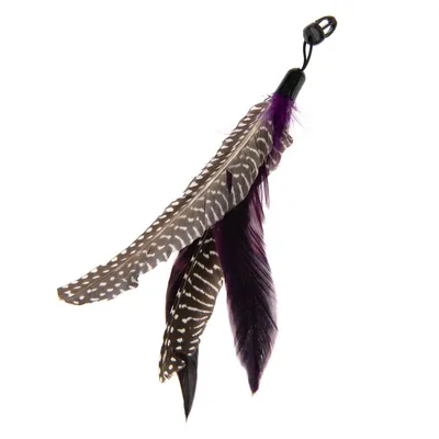 Accessorio con piume naturali bianche a pois e viola, attacco in plastica nera con gancio. Nessun marchio o testo visibile.