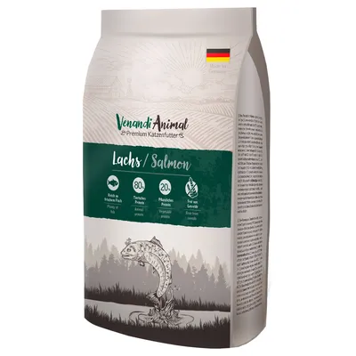 Venandi Animal Premium karma dla kotów, łosoś. Bogata w świeżą rybę, 80% białka zwierzęcego, 20% białka roślinnego, bez zbóż. Wyprodukowano w Niemczech.