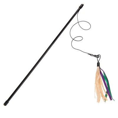 Bacchetta nera con filo e pendente composto da nastri verdi, viola e frange beige. Materiali visibili: plastica e nastri tessili.