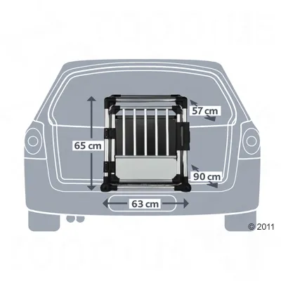 Diagram of a dog transport box in the boot with dimensions: height 65 cm, width 63 cm, depth 90 cm. Distance to side 57 cm.