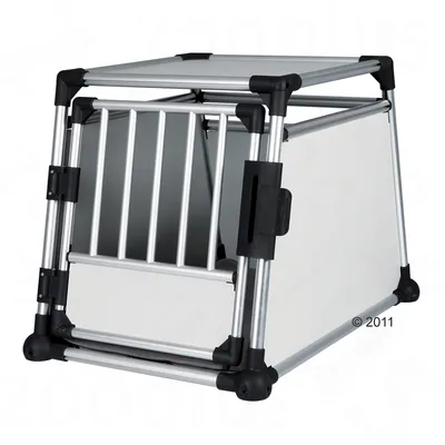 Metal transport crate with barred front door, solid side panels and reinforced corners, shown empty for viewing structure and entry access.