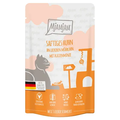 Mjamjam Pollo succoso con carote e menta per gatti. Alta qualità tedesca, alto contenuto di carne, senza cereali, monoproteico, contiene sufficiente taurina.