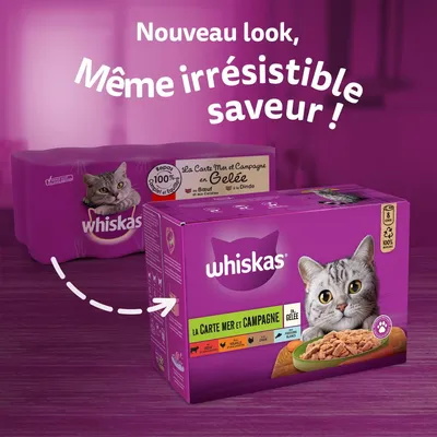 Emballage Whiskas La Carte Mer et Campagne en gelée, bœuf, dinde, carottes. Texte visible : Nouveau look, Même irrésistible saveur ! 100 % repas complet et équilibré.